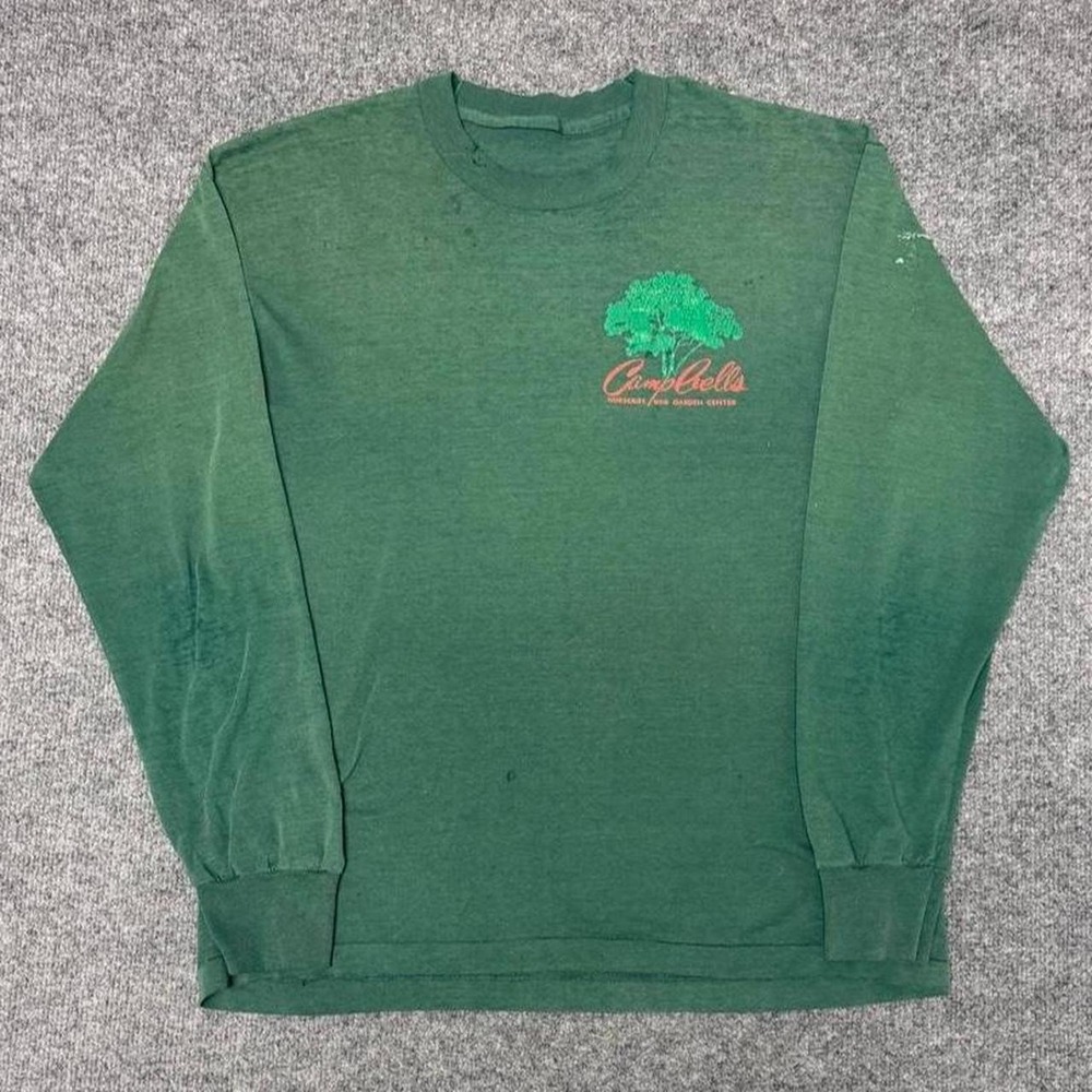 Vintage Campbells Garden Center Distressed Green Long Sleeve T-Shirt Mens L